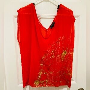 LIKE NEW Forever 21 Plus Sizes Size 2X Vibrant Red and Gold SEE THROUGH Blouse
